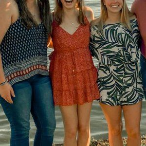 Red Hello Molly Tiered Mini Dress with White Floral Pattern/Polka Dots